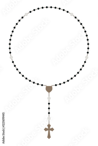 Rosary, Catholic Marian Devotion, realistic, all 50 beads, circle shape frame poster concept, black flat vector illustration