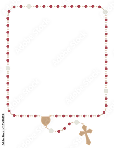 Rosary, Catholic Marian Devotion, realistic, all 50 beads, rectangle shape frame poster concept, red flat vector illustration