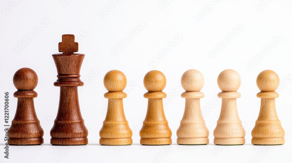 Wooden Chess Pieces With Dark King And Light Pawns On A White Background Wooden Chess Pieces With Dark King And Light Pawns On A White Background