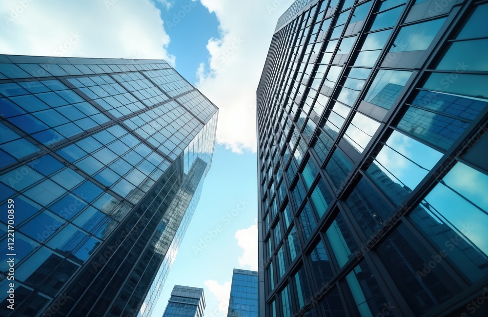 Low-angle view of modern skyscrapers. Glass facades reflect bright blue sky, white clouds. High-rise buildings show impressive architectural design. Cityscapes show modern structures. Commercial Low-angle view of modern skyscrapers. Glass facades reflect bright blue sky, white clouds. High-rise buildings show impressive architectural design. Cityscapes show modern structures. Commercial