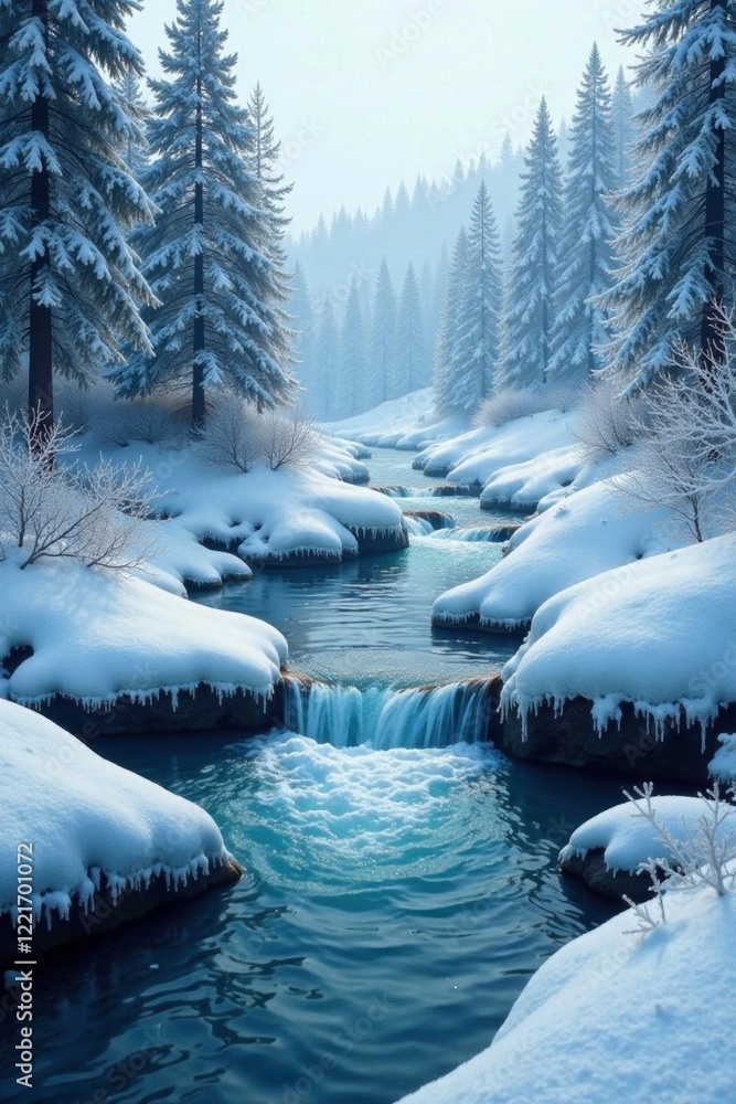 Fototapeta premium Icy waters cascade over frozen forest terrain, frosty mist, crystal clear water, cold climate