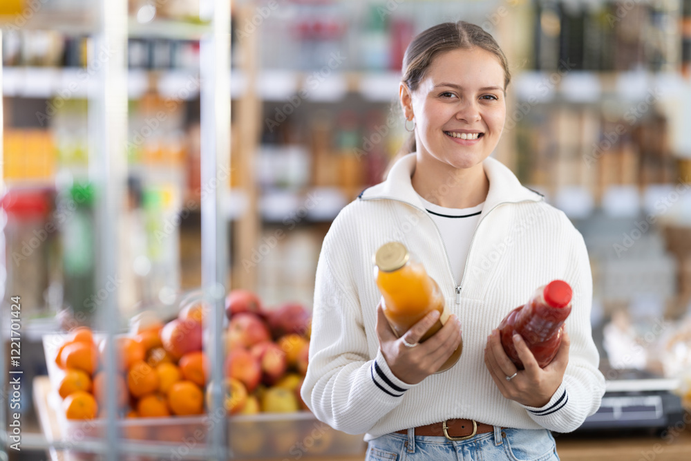 Woman stands in a supermarket near a grocery counter and chooses between tomato and peach juice. Store visitor buys freshly squeezed juices Woman stands in a supermarket near a grocery counter and chooses between tomato and peach juice. Store visitor buys freshly squeezed juices