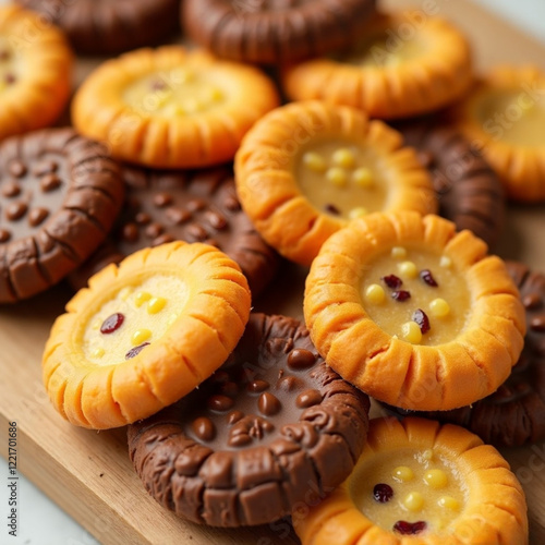 Close-up galletas de varios sabores chocolate y limón a granel photo