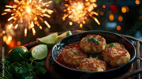 fish cakes served with a sweet and tangy dipping sauce, styled with fresh herbs and lime wedges.  photo