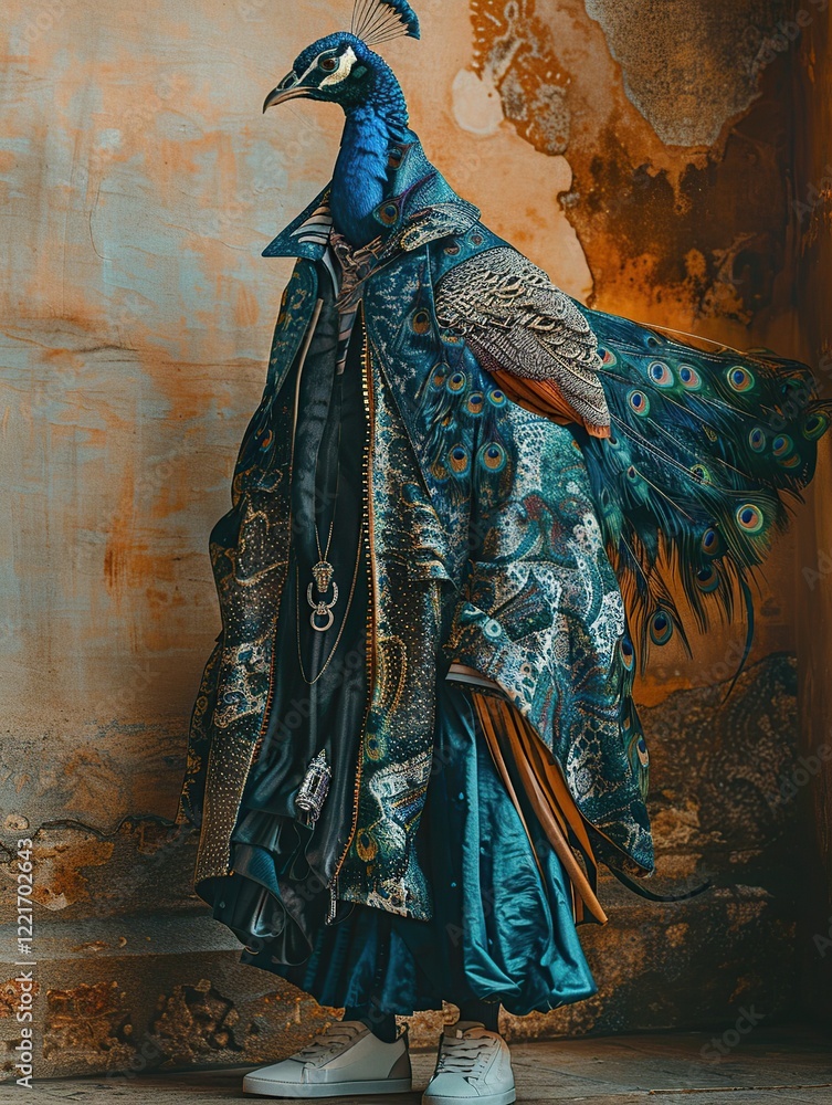 Streetwear-Inspired Fashion Image of a Peacock Wearing Luxury Designer Apparel and Shoes