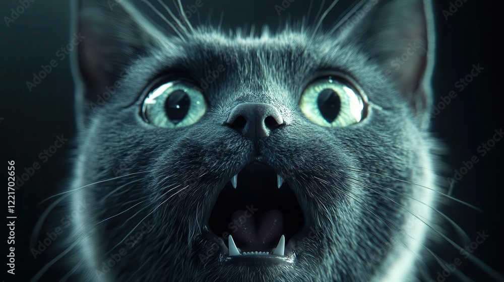 hyperrealistic 3d rendered cat face expressing fear dramatic lighting highlighting dilated pupils and detailed fur textures hyperrealistic 3d rendered cat face expressing fear dramatic lighting highlighting dilated pupils and detailed fur textures