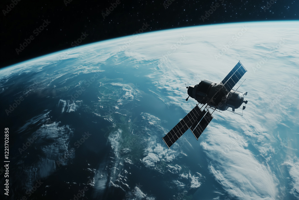 Fototapeta premium Modern navigation satellite orbiting Earth, providing crucial positioning data for global communication and navigation systems