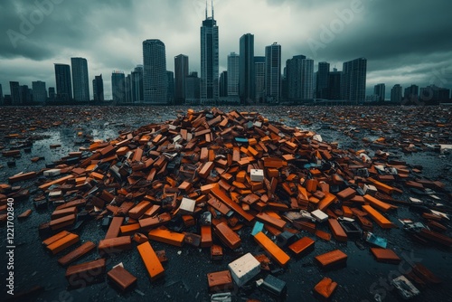 Devastation Amongst the Clouds: Debris of a Destroyed Building Scattered Against Gray Sky Background photo