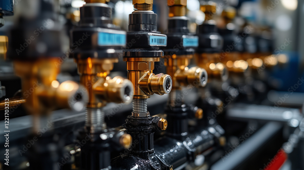 Close Up of Industrial Valves and Pipes in a Factory Setting Close Up of Industrial Valves and Pipes in a Factory Setting