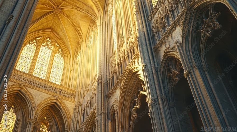 Fototapeta premium Golden Sunlight Illuminates Gothic Cathedral Interior Architecture