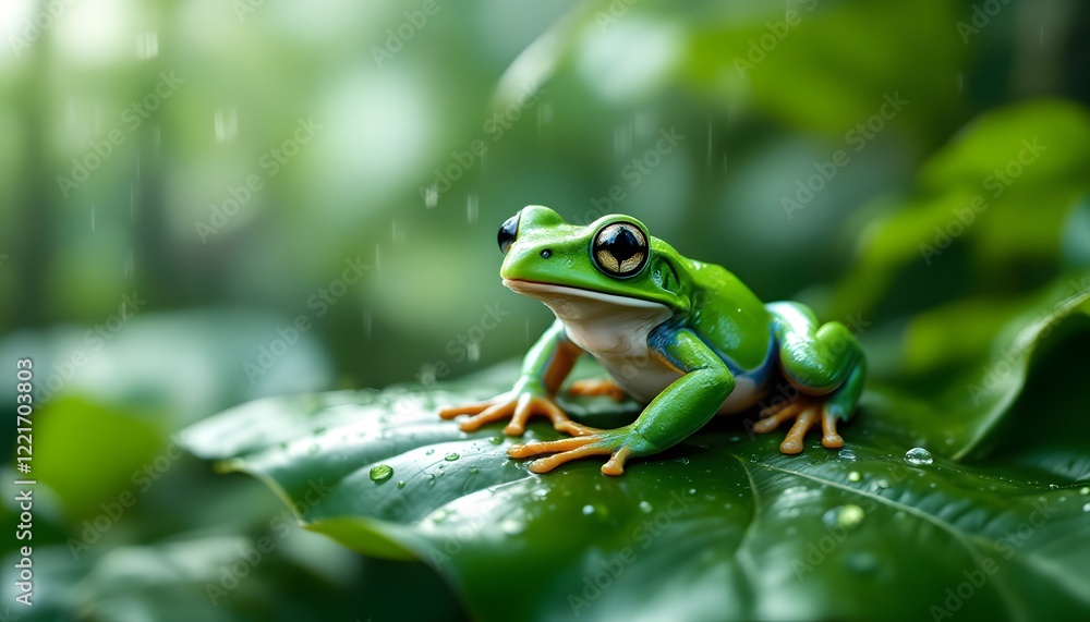 Realistic image of a vibrant green frog sitting on a large, wet leaf after a rain shower in a tropical jungle. The frog’s skin is glistening with water droplets, showcasing its smooth and textured app Realistic image of a vibrant green frog sitting on a large, wet leaf after a rain shower in a tropical jungle. The frog’s skin is glistening with water droplets, showcasing its smooth and textured app