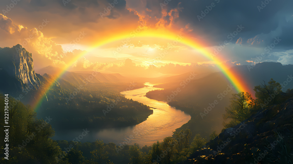 Majestic rainbow arching over a scenic river valley at sunrise. Rainbow Valley. Illustration Majestic rainbow arching over a scenic river valley at sunrise. Rainbow Valley. Illustration