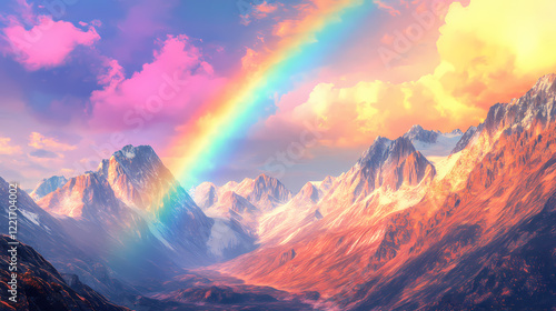 Majestic rainbow arches over towering mountains, illuminating vibrant colors and soft topaz hues in sky, creating breathtaking natural landscape. Rainbow Valley. Illustration photo