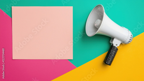 A vibrant composition featuring a megaphone beside a blank sheet on a colorful geometric background.