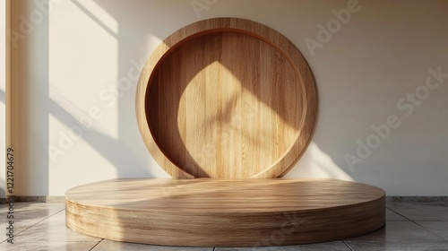 a wooden toilet seat on a round wooden platform photo