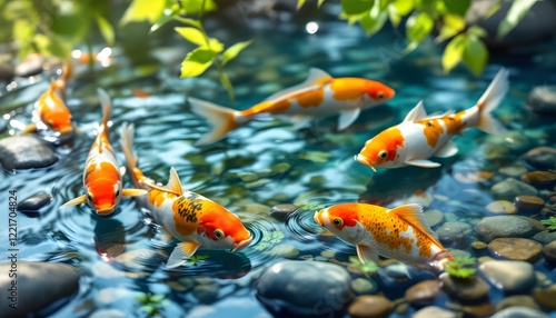 Hyper-realistic image of colorful koi fish swimming gently in a shallow, calm river. The koi's vibrant colors—bright orange, yellow, and white—contrast beautifully against the deep blue water. The riv photo