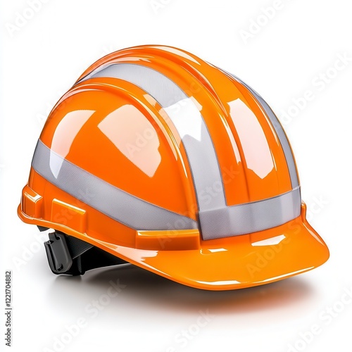 Bright Orange Hard Hat With Reflective Stripes On A White Background photo