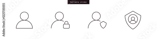 user account protection icon set. login privacy, secure , security icons. locked user icon. profile user with a shield icon | Editable strokes for apps, web and UI/UX projects