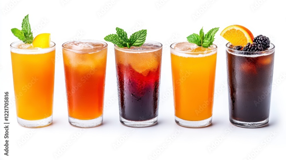 Fototapeta premium A Row of Five Refreshing Iced Drinks, Garnished with Mint and Citrus, Displaying a Variety of Colors and Textures, Suggesting Dive