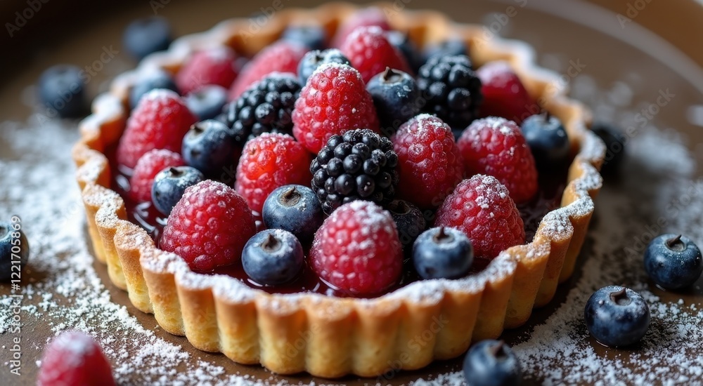 A close up of a pastry with berries and powdered sugar on top A close up of a pastry with berries and powdered sugar on top