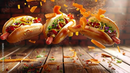 Gourmet hot dogs with colorful toppings and fresh ingredients in mid-air