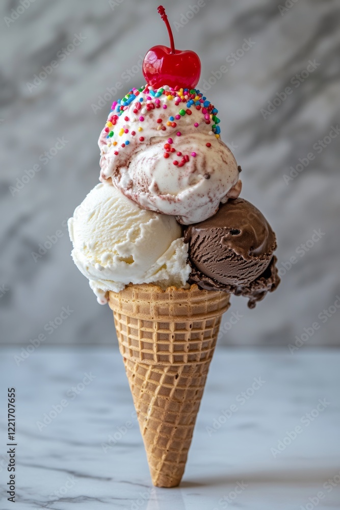 Colorful ice cream cone with three scoops and cherry on top served on a marble table Colorful ice cream cone with three scoops and cherry on top served on a marble table
