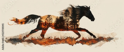 A running horse silhouette.  Warm earthy tones paint a sunset forest scene within its form.  Digital art blends movement, freedom, and nature's raw beauty. photo