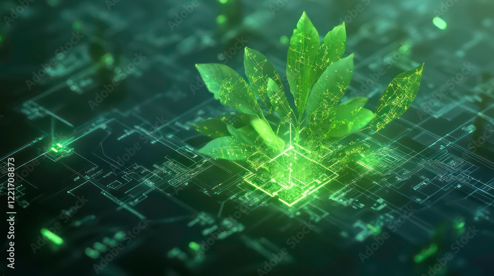 vibrant green plant emerges from digital blueprint, symbolizing innovation and growth in technology. glowing elements highlight fusion of nature and modern design vibrant green plant emerges from digital blueprint, symbolizing innovation and growth in technology. glowing elements highlight fusion of nature and modern design