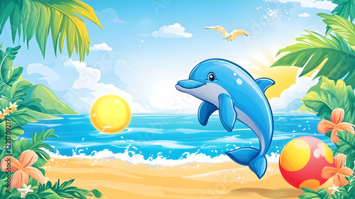 Playful dolphin leaps joyfully near a tropical beach, sunshine, and beach ball. Ideal for children's books, summer themes, or ocean-related projects. photo