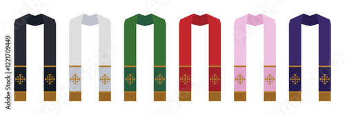 Catholic priest stoles, vestments in liturgical church colors, for catechesis learning, Flat vector illustration