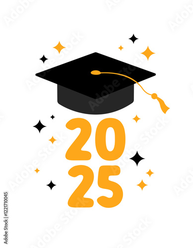 Graduation 2025 vector illustration. Graduate greeting card, poster. Black colored academic cap and golden 2025 numbers on white background. Mortarboard graduate symbol