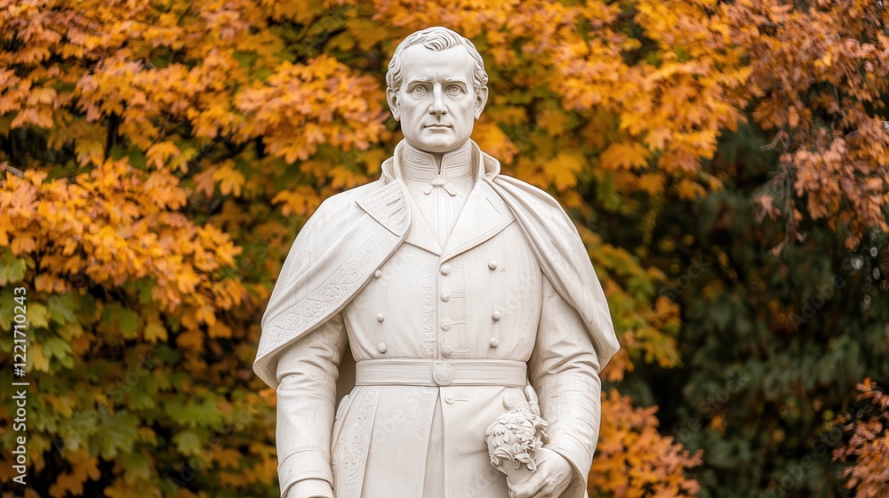 A dignified statue of an anonymous leader in a historical setting, surrounded by vibrant autumn foliage, symbolizing leadership and the passage of time for Presidents Day, soft golden sunlight A dignified statue of an anonymous leader in a historical setting, surrounded by vibrant autumn foliage, symbolizing leadership and the passage of time for Presidents Day, soft golden sunlight