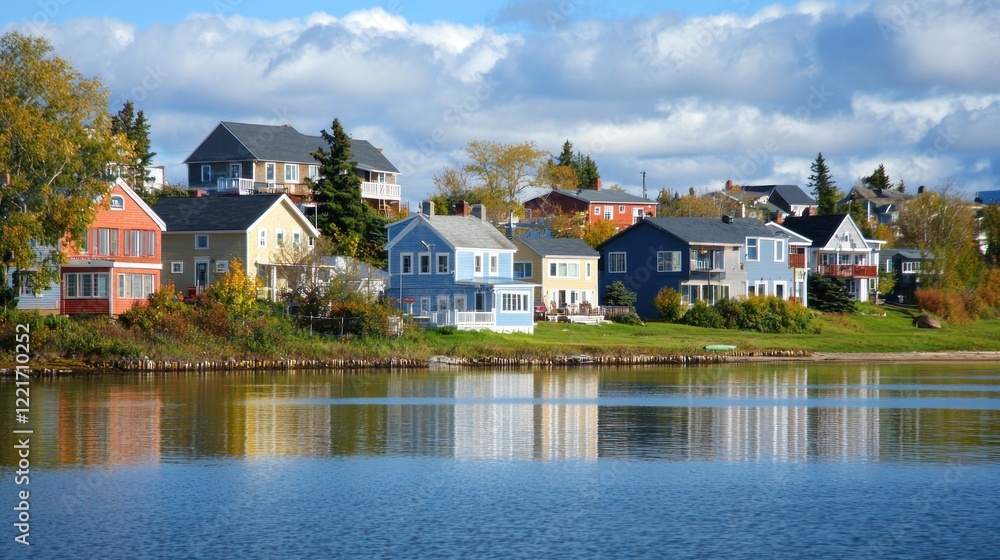 Colorful waterfront homes reflect in calm lake, autumn foliage Colorful waterfront homes reflect in calm lake, autumn foliage