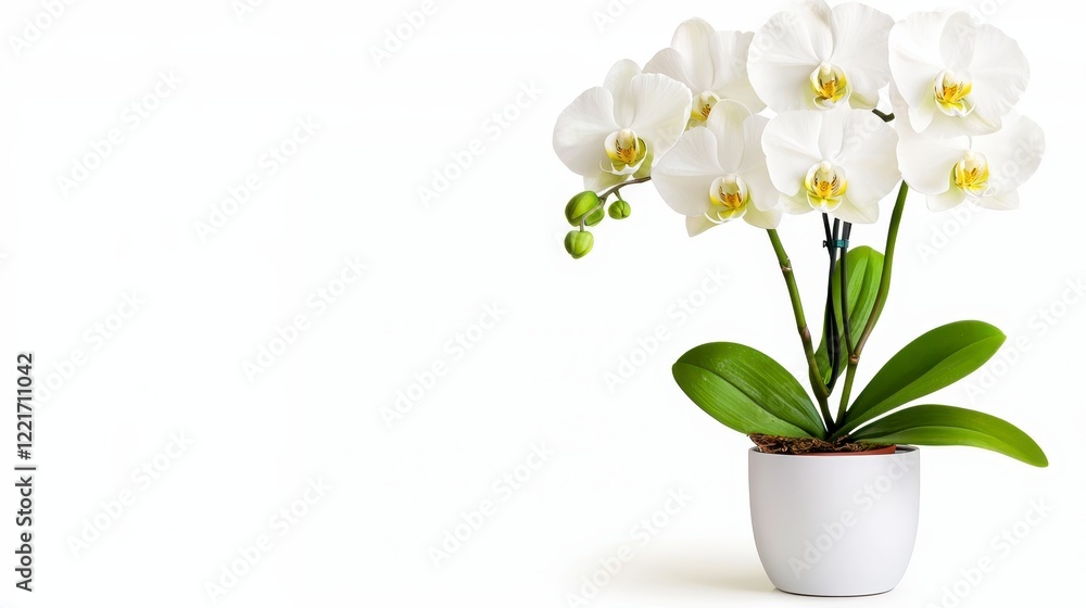Vibrant White Orchid Blossoms in Elegant Pot Against Minimalist White Background