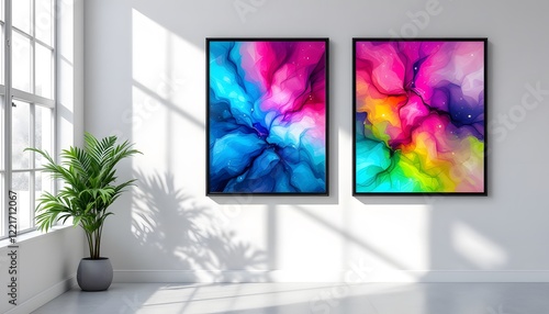 A hyper-realistic mockup scene showcasing a modern wall with a series of colorful abstract digital art pieces framed and hung. Each piece of artwork is presented in sleek black frames, with bright, bo photo