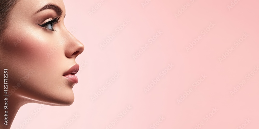Naklejka premium Beauty captured through profile of young woman against soft pink background during makeup session