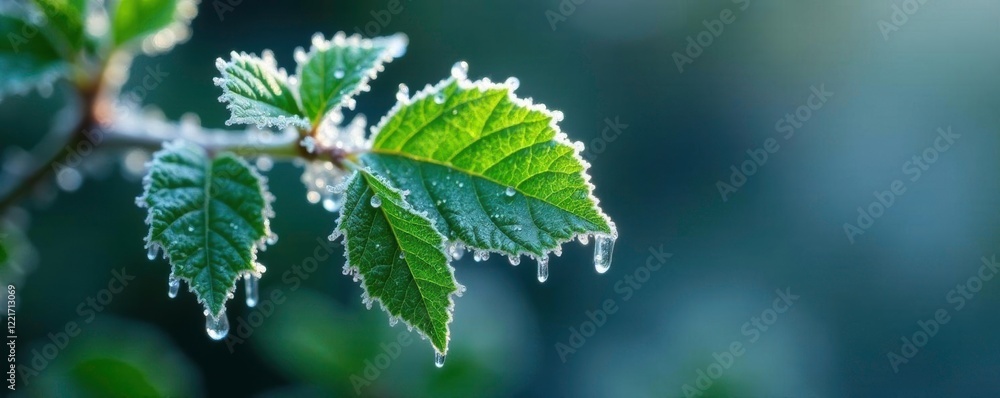 intricate ice crystal forming on green foliage, icy, leaf intricate ice crystal forming on green foliage, icy, leaf
