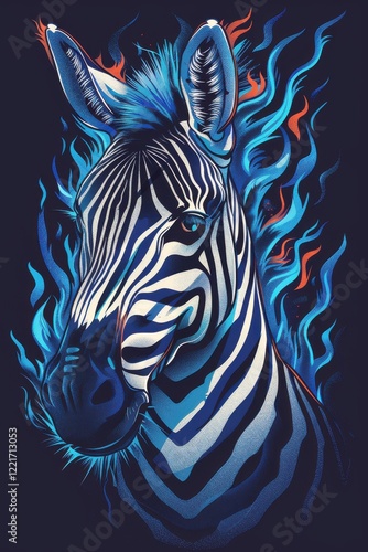 Wallpaper Mural Fiery Zebra head.  Blue flames engulf its mane blending with striking stripes.  Intense gaze. Perfect t-shirt design. Torontodigital.ca