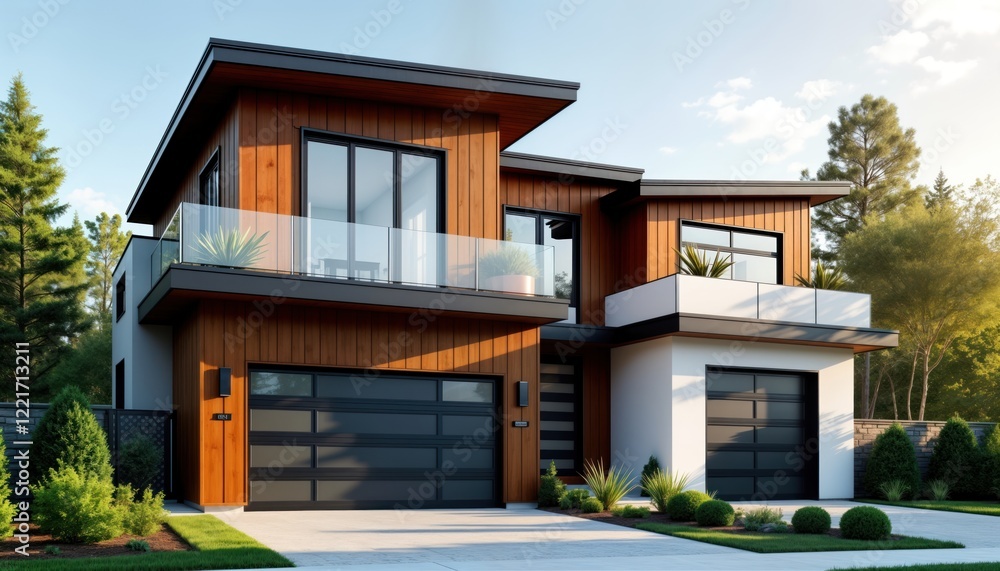 Fototapeta premium Modern duplex house in peaceful suburban setting. Sleek design, contemporary architecture create comfortable, harmonious living environment. Exterior features include wooden facade, black garage