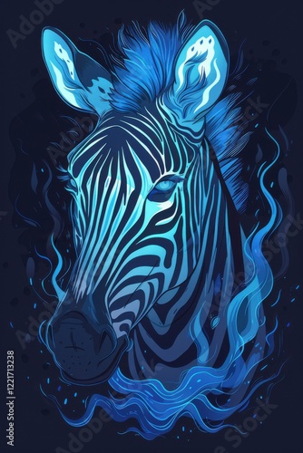 Wallpaper Mural Fiery zebra head intense focus Blue flames erupt from its mane blending with stripes  Perfect t-shirt design Striking graphic art. Torontodigital.ca