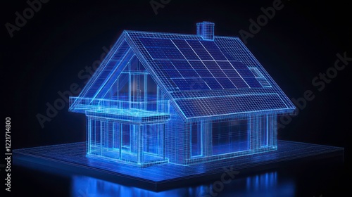 Fototapeta Naklejka Na Ścianę i Meble -  Wireframe model of a modern house with solar panels on the roof, digitally rendered in blue on a black background.