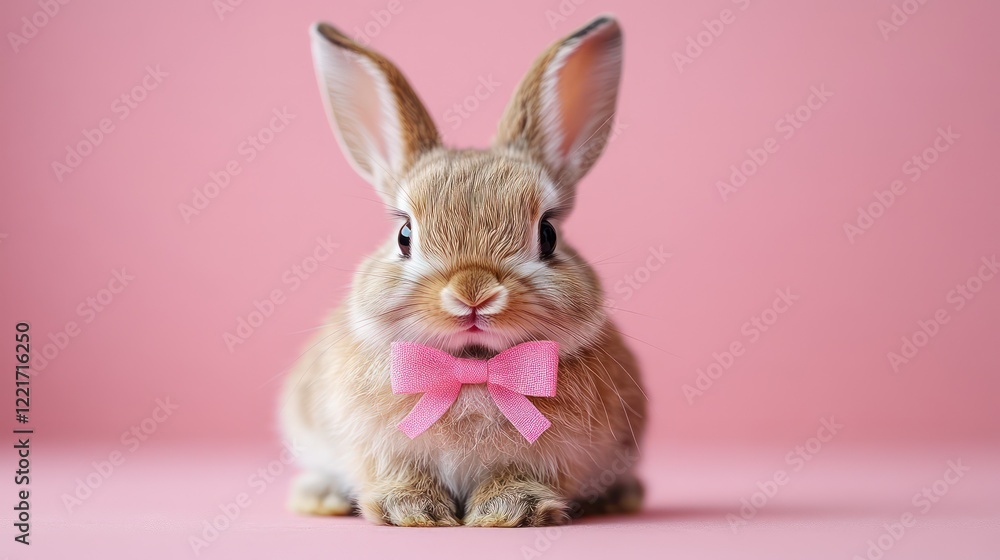 Obraz premium Cute bunny with a pink bow on a soft pink background with space for messages