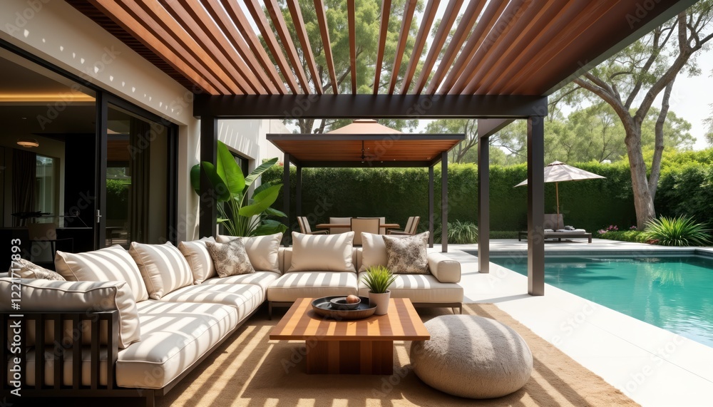 Fototapeta premium Stylish outdoor entertainment area perfect for parties gatherings. Modern patio furniture with light beige sofa, wooden coffee table. Swimming pool, plants complete setting. Luxury home resort.