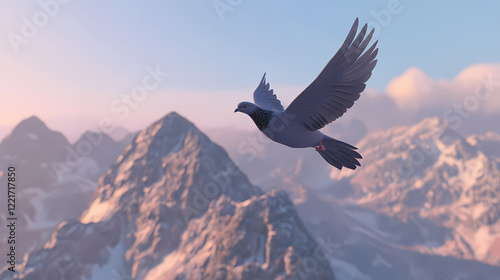 A hyper-realistic 3d pigeon gliding gracefully above rugged mountain peaks, with soft light casting long shadows over the landscape. Sapphire Peak. Illustration photo