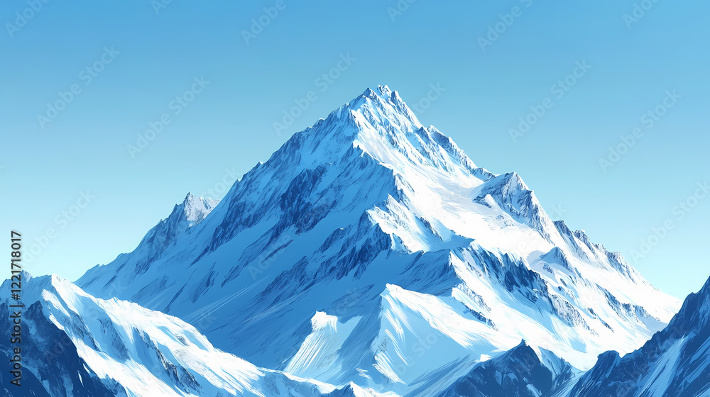 Obraz premium A majestic snow-covered mountain peak against a clear blue sky, blue sky, peaceful scenery, rugged terrain. Sapphire Peak. Illustration