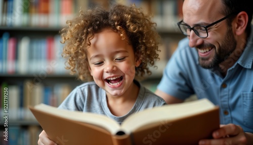 Happy child and father read book together in library. Child has curly hair and smile. Father is reading book to child. Family bonding and learning concept. Reading in library. Good parenting.