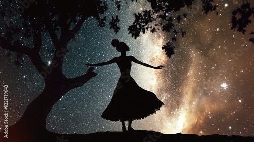 Silhouette of an african woman dancing with the starry night sky