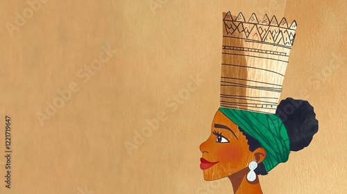 Illustration of a young african woman carrying a bucket on her head