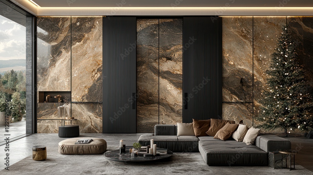 Luxury Modern Living Room Interior Design with Marble Wall and Christmas Tree Luxury Modern Living Room Interior Design with Marble Wall and Christmas Tree