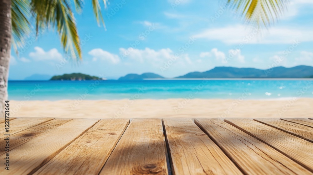 Fototapeta premium A wooden table offers a perfect view of a serene tropical beach with calm turquoise waters and distant islands under a sunny sky